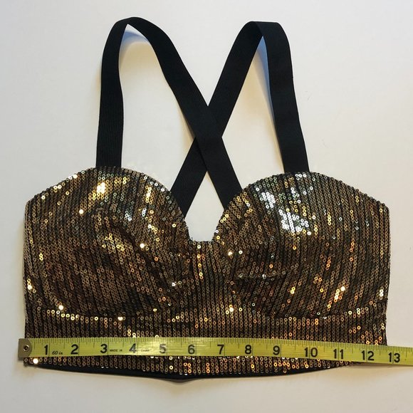 SAN JOY Women's Gold Sequined Babydoll Glamcore Crop Top Y2K Festival - Picture 6 of 11